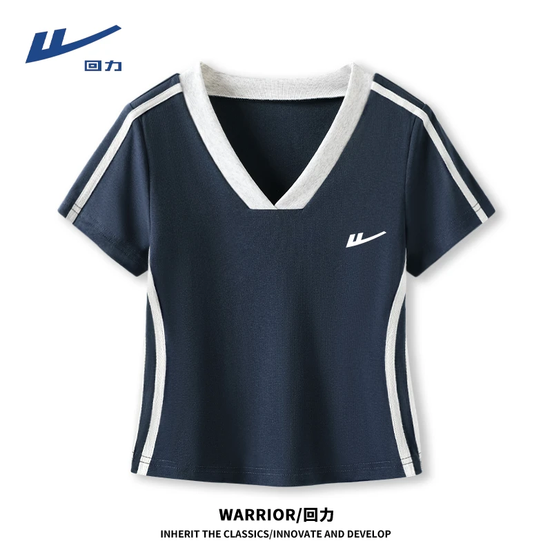 回力短款修身休闲款2025夏季新款美式复古圆领撞色短款慵懒风T恤