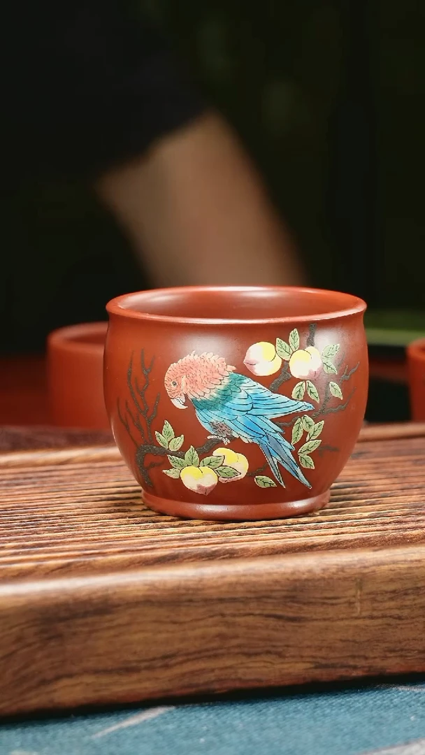 茶杯紫砂泥绘鹦鹉