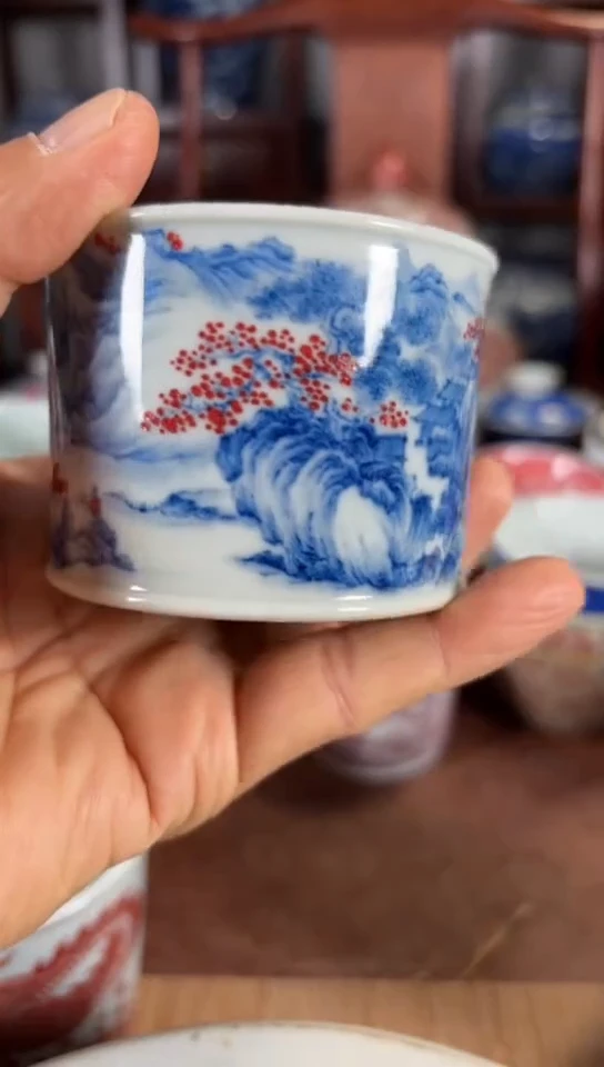 柴窑青花釉里红山水融天杯杯