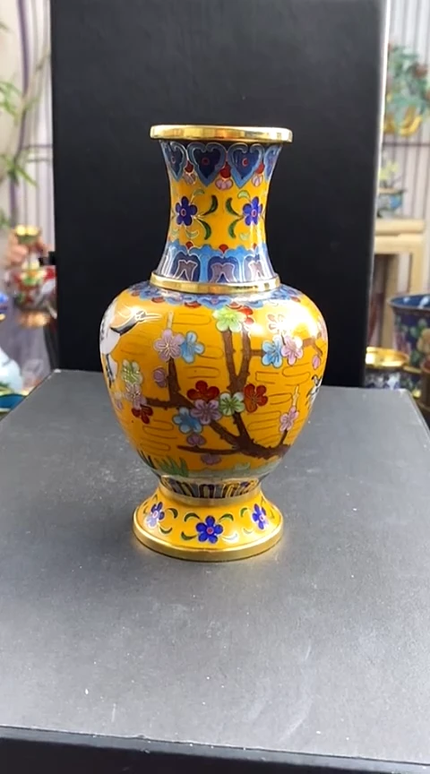 【闪购商品】非遗技艺 景泰蓝花鸟赏瓶黄色