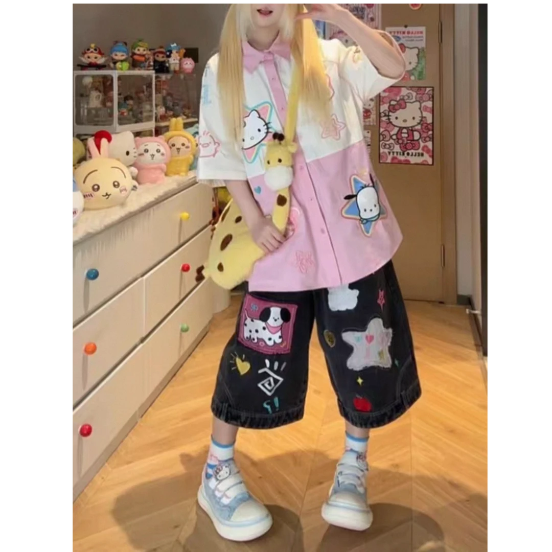 美式小狗星星贴布绣牛仔裤女夏季短裤七分裤宽松直筒设计感中裤子