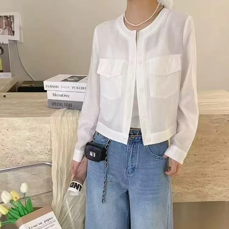 衬衫袖单排扣防晒长袖纯色短外套百搭设计师宽松女装