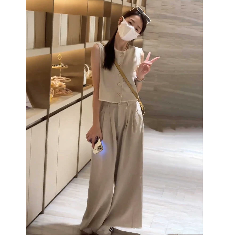 夏装搭配一整套设计感毛边无袖上衣高腰显瘦阔腿裤两件套装女夏款