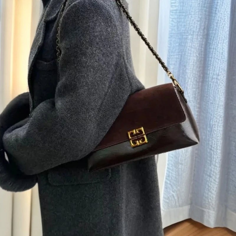 2025秋冬新款时尚磨砂皮拼接小方包小众设计百搭腋下单肩包斜挎包