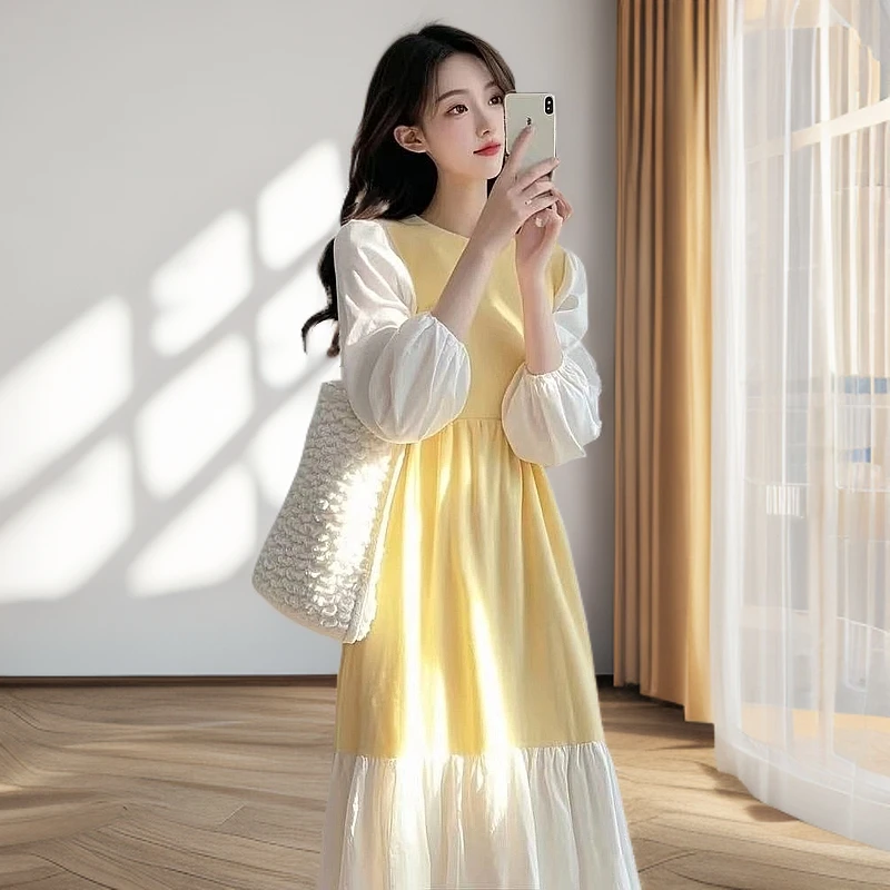 2025春季新爆款显瘦收腰高级感超好看气质千金风黄色拼接连衣裙