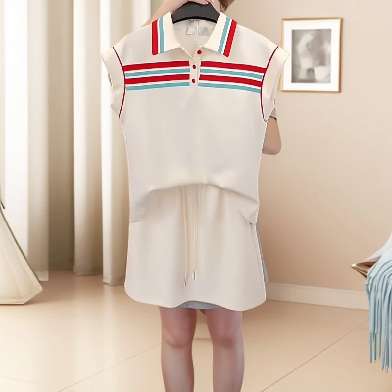 韩系撞色条纹拼接设计poloT恤套装女夏季新款修身显瘦短裙两件套