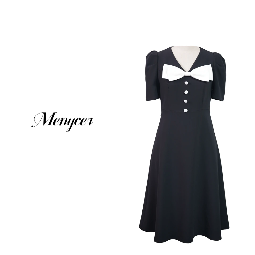 XM250241-拼色纯色赫本风中裙不褪色连衣裙显瘦黑色轻奢山本风