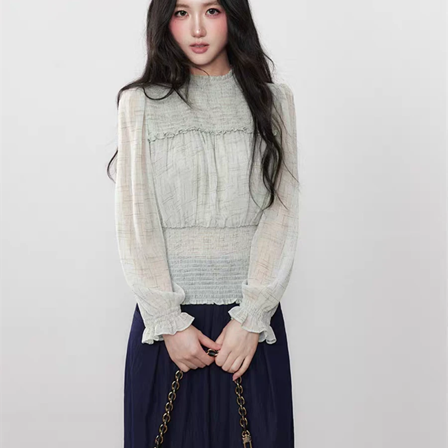 溪溪靓衫  通勤简约百搭秋季绿色圆领雪纺收腰显瘦防晒长袖上衣女