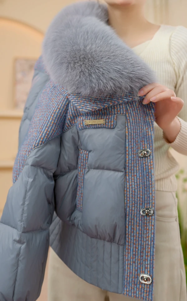 Xa-高端大毛领莫兰迪灰时尚羽绒服冬季加厚女