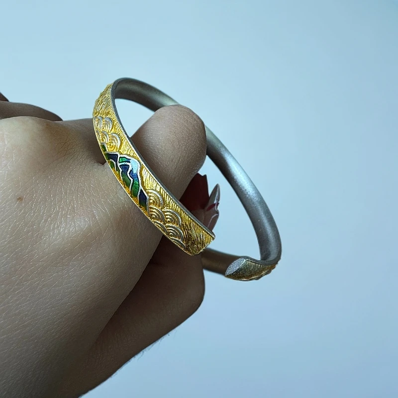 足银银制品 足银9999千里江山描金珐琅手镯