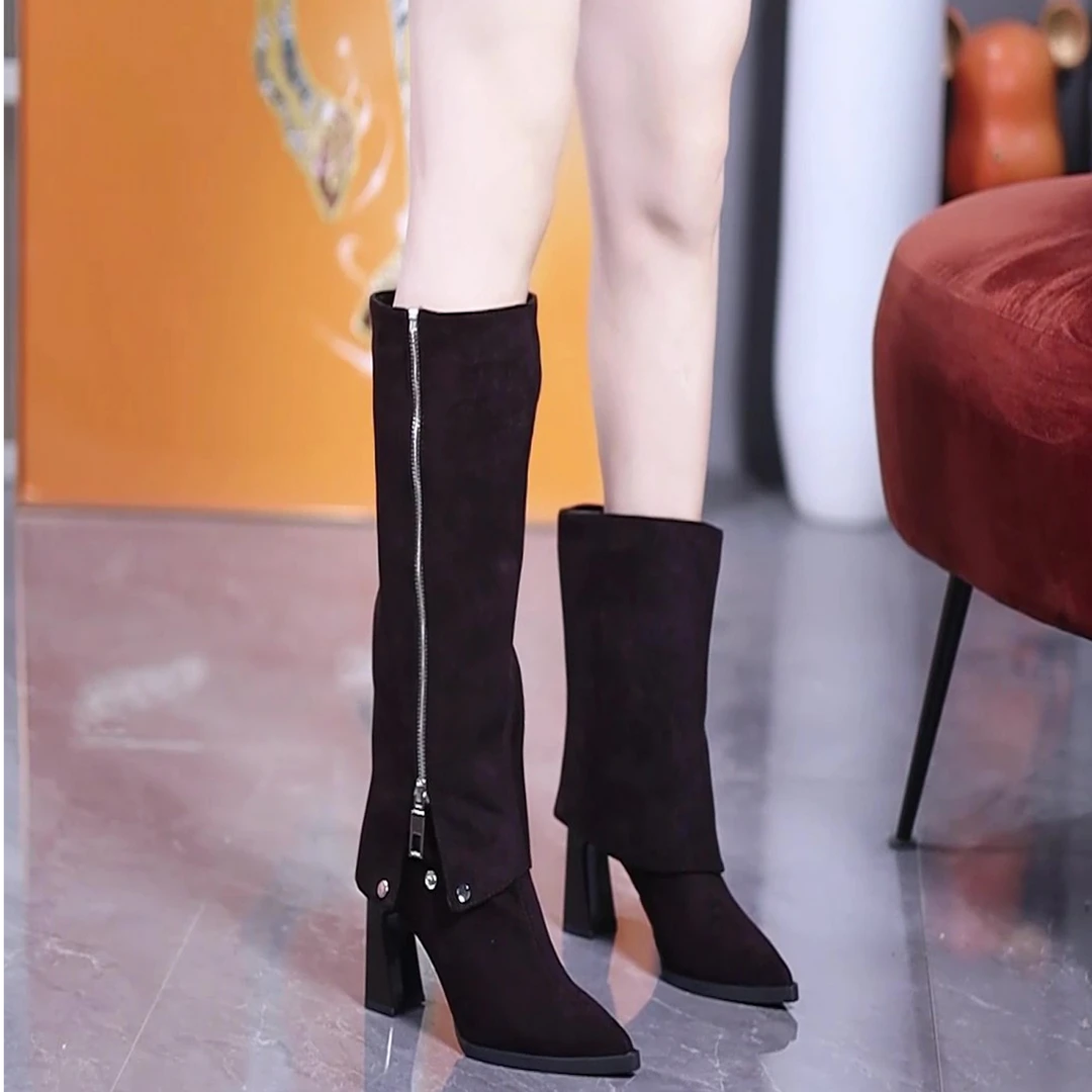 一靴三穿8cm秋冬设计感尖头绒面可拆卸高筒靴女2025气质粗跟短靴