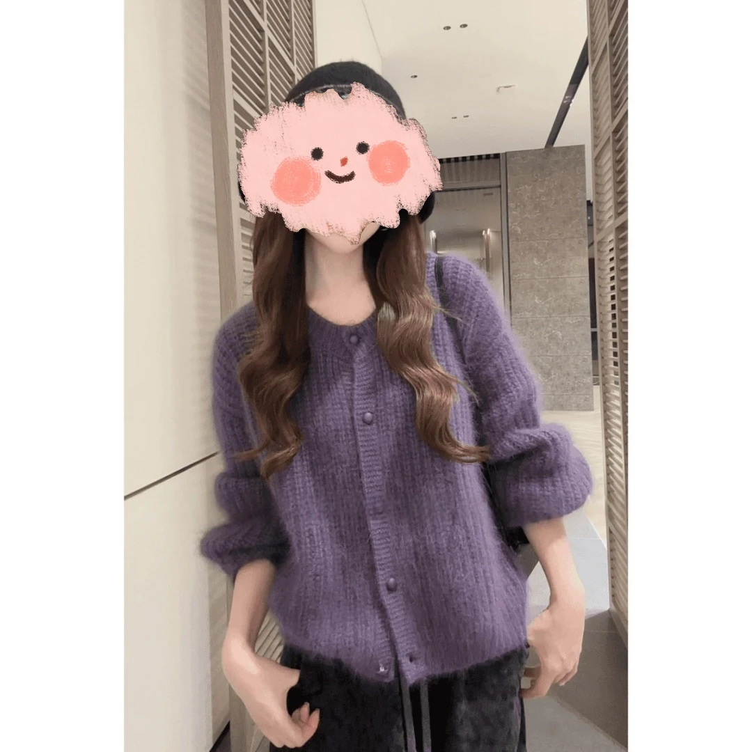 长袖纯色打底衫+松紧腰卫裤休闲裤+紫色针织毛衣外套BB50485