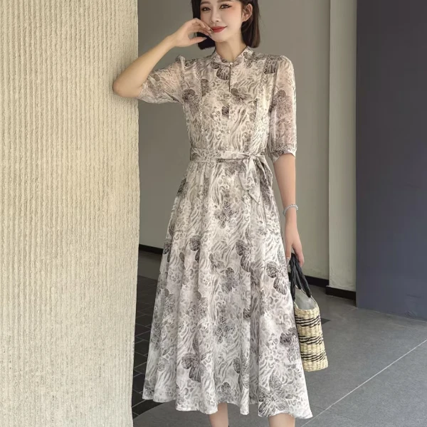 欧家专柜轻奢立领A字优雅法式气质蕾丝蚕丝花边连衣裙A180170