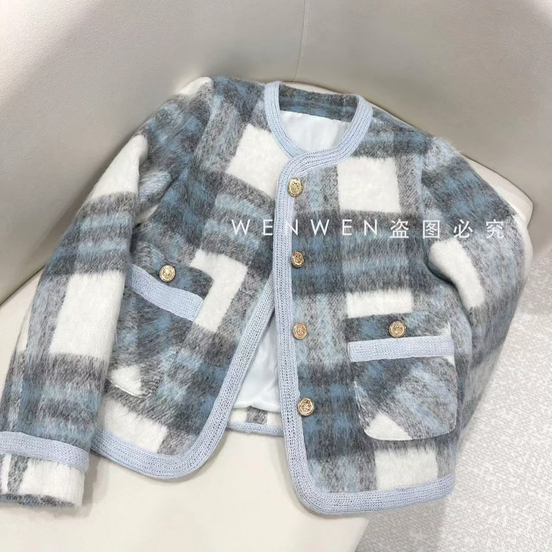 蓝色格子外套洋气小香风女冬季气质奶油风毛呢高级感保暖上衣
