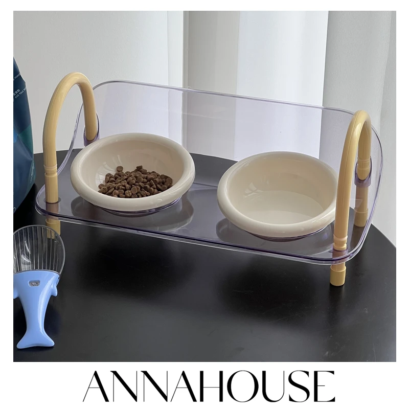 ANNAHOUSE猫碗双碗撞色可调节大口径塑料防漏碗架PH