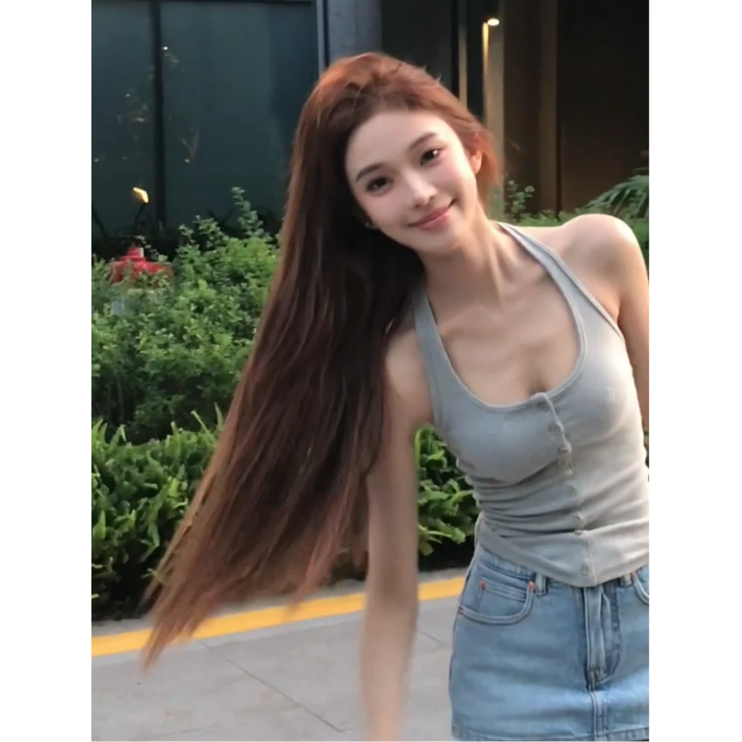 美式辣妹灰色挂脖u领吊带背心女夏季修身收腰无袖遮副乳短款上衣