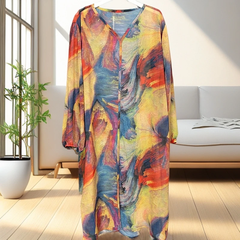 706晕染V领罩衫上衣宽松显瘦时尚女士款中长款夏季