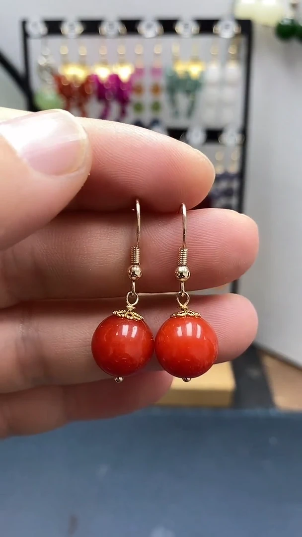 银S925镀金镶嵌南红玛瑙耳饰尺寸12mmC2