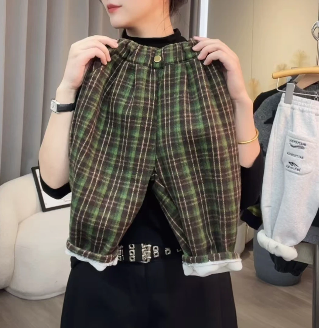 现货【文文妈】儿童格子一体绒秋冬韩版洋气百搭长裤加厚hyp2014