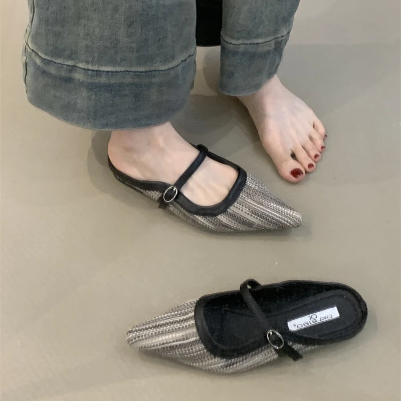 B859法式气质包头半拖鞋女夏季复古编织波西米亚一脚蹬穆勒鞋