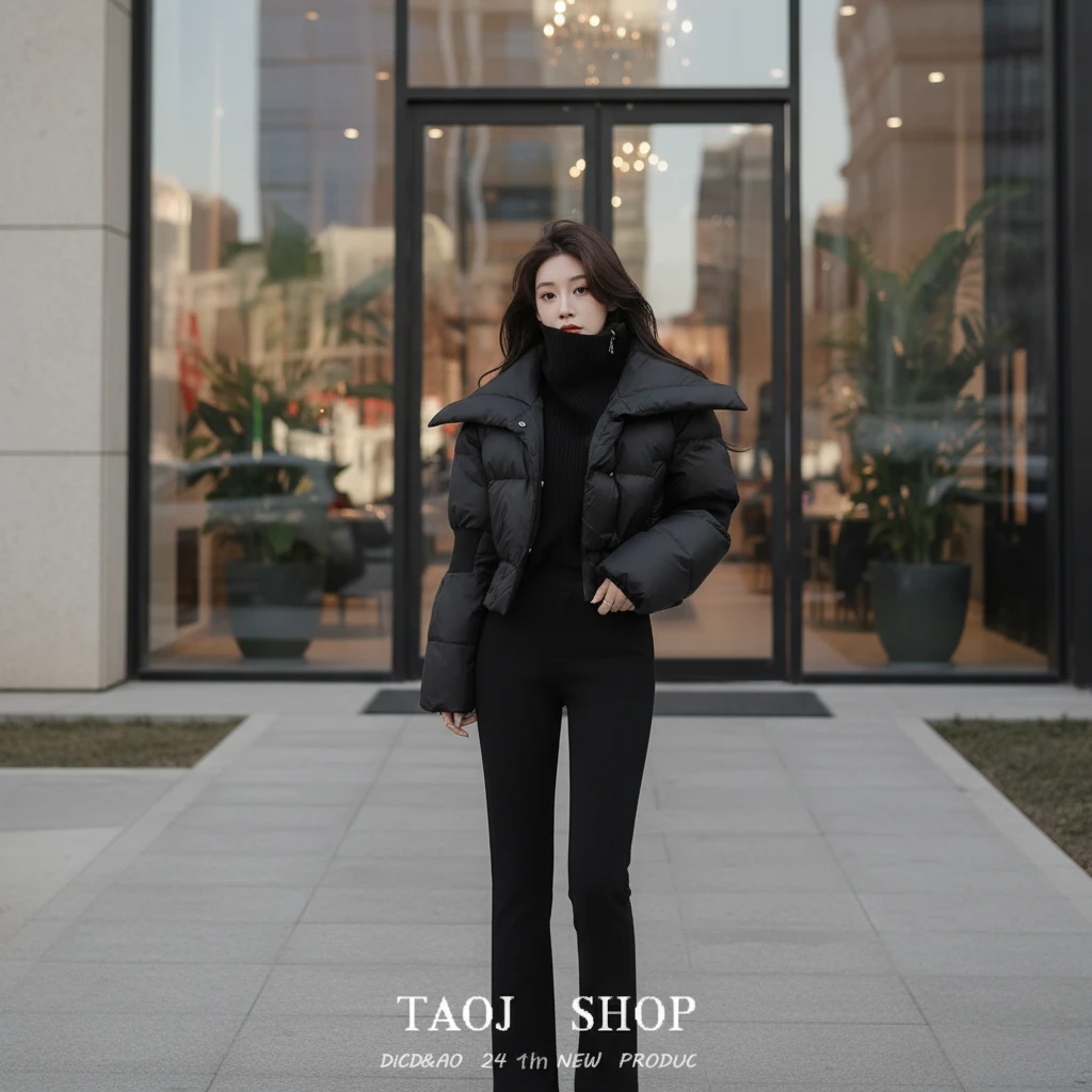 欧货高级感大翻领黑色短款女装面包服外套收腰时尚2025冬季百搭女