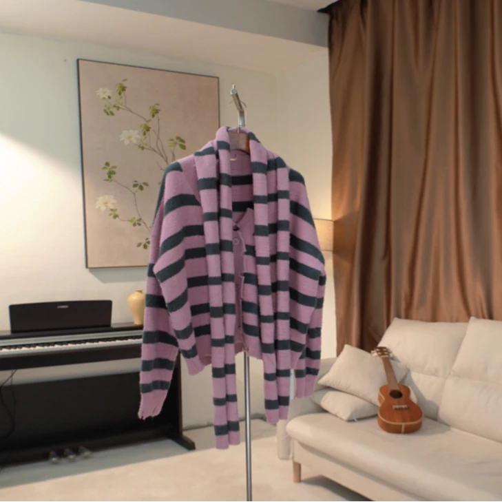 D153 秋冬条纹针织开衫围巾两件套女 20827