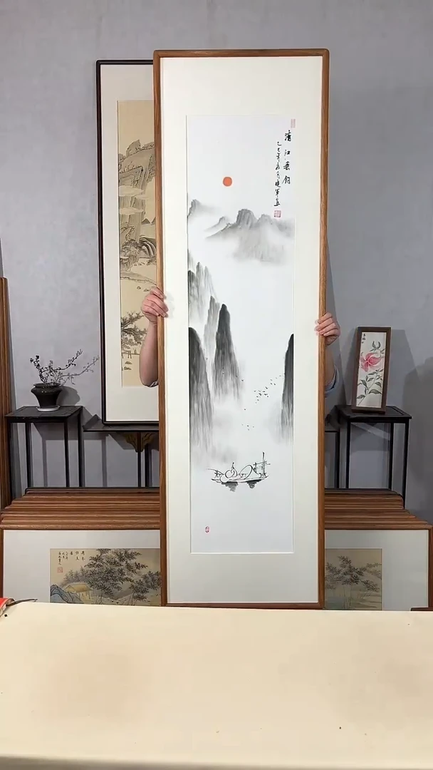 国画手绘*清江垂钓*52*172cm带框发货