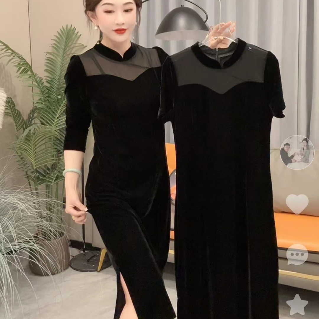 新中式气质款改良式旗袍领丝绒连衣裙1905#