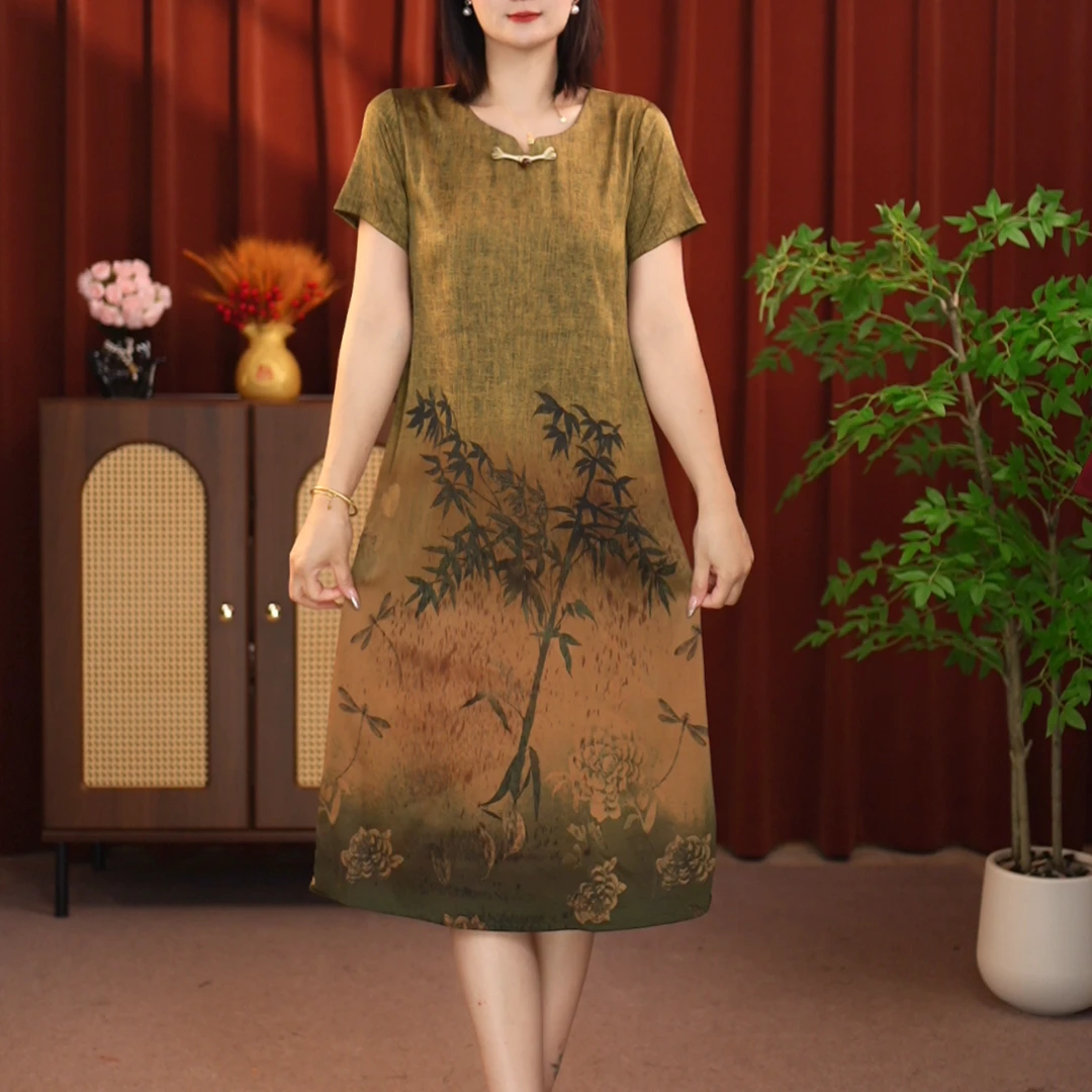 【青竹】夏季套头圆领碎花宽松复古显瘦印花连衣裙