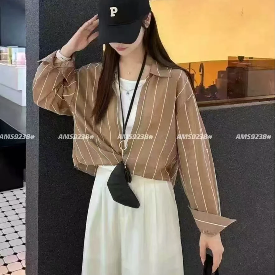 2025新品韩系字母吊带衬衣条纹休闲百搭长袖衬衫女短款上衣潮W416