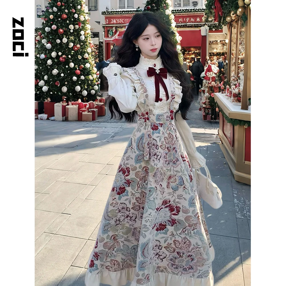 晨雾花诗 法式复古宫廷风裙子套装白色衬衫+收腰显瘦大提花背带裙