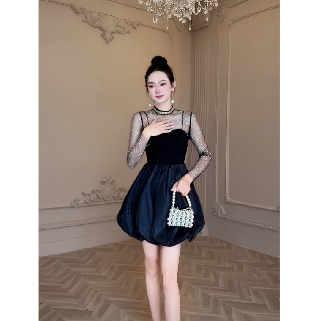 【童童定制】秋冬新款时尚气质满钻闪闪法式收腰显瘦连衣裙21565