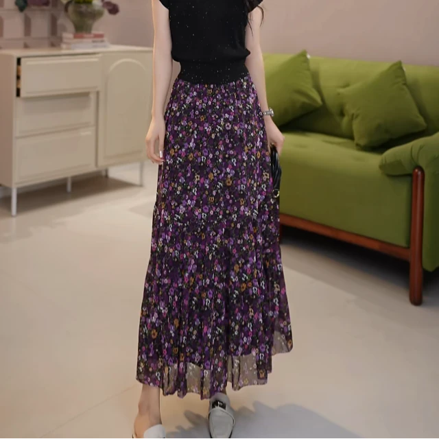 GIRDEAR/哥弟碎花半身裙女法式设计感小众修身印花A字裙1200355