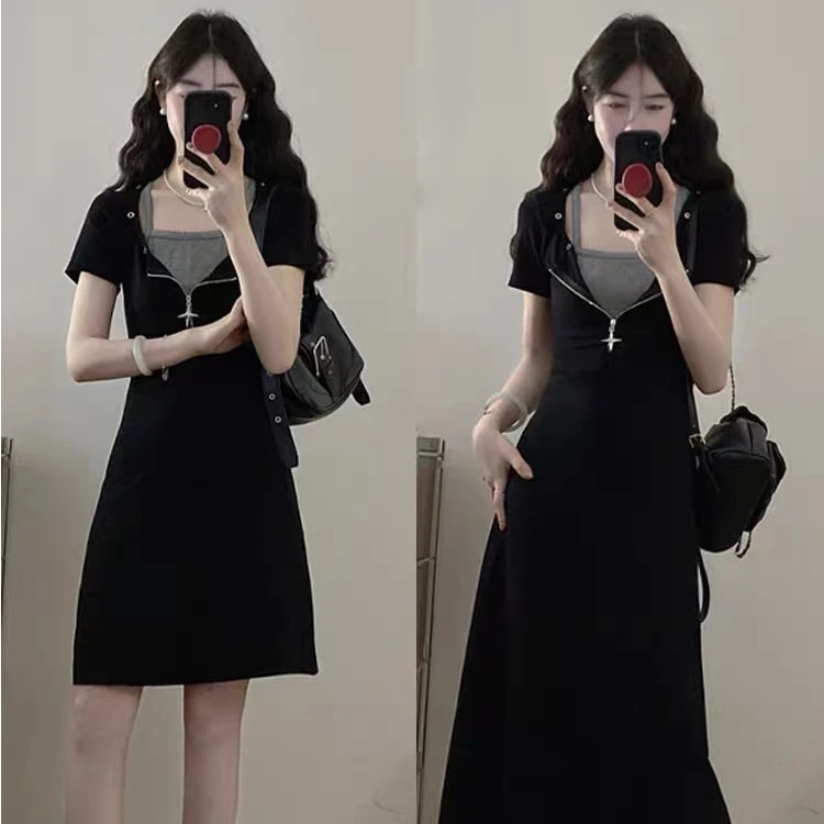 假两件拼接设计感甜酷黑色连衣裙女夏季大码胖mm独特别致显瘦裙子