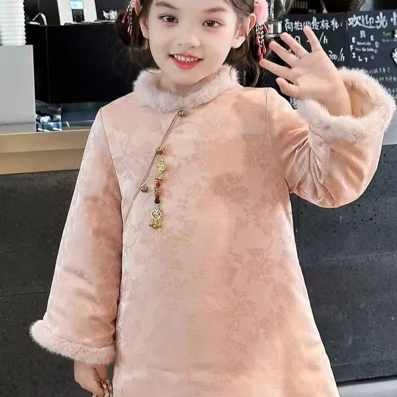 女童国风旗袍裙冬装2025新款儿童新中式夹棉汉服连衣裙女孩拜年服