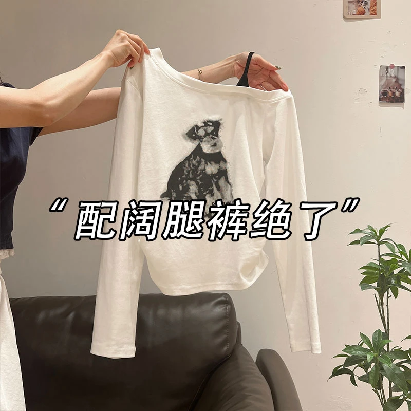韩系别致狗狗印花设计感长袖T恤春秋新款修身显瘦性感露肩上衣女