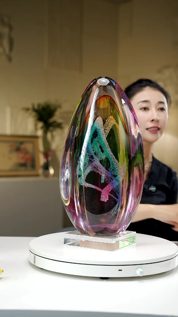 手工艺品琉璃金红色月虹摆件+底座14*14