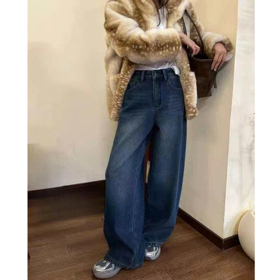 【莫奈蓝】原创牛仔前片拼接潮版加绒窄版小弯刀直筒裤 5605