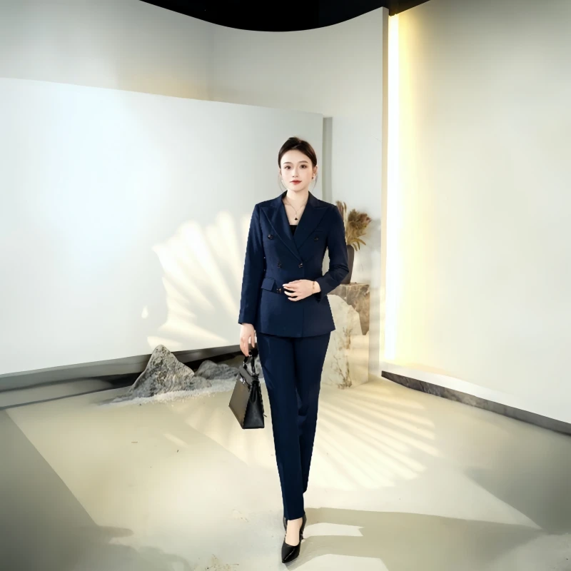 双排扣藏青色西装套装女高级感女神范面试正装4S店销售职业工作服