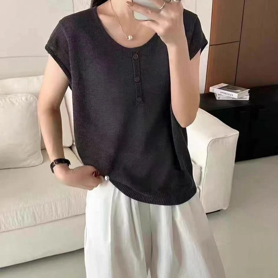 （柚子同款）BL夏款圆领显瘦冰丝针织飞袖T恤9896