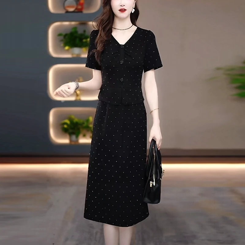 弹力精纺时尚轻奢高级感女装2025夏季新款黑色波点假两件连衣裙子