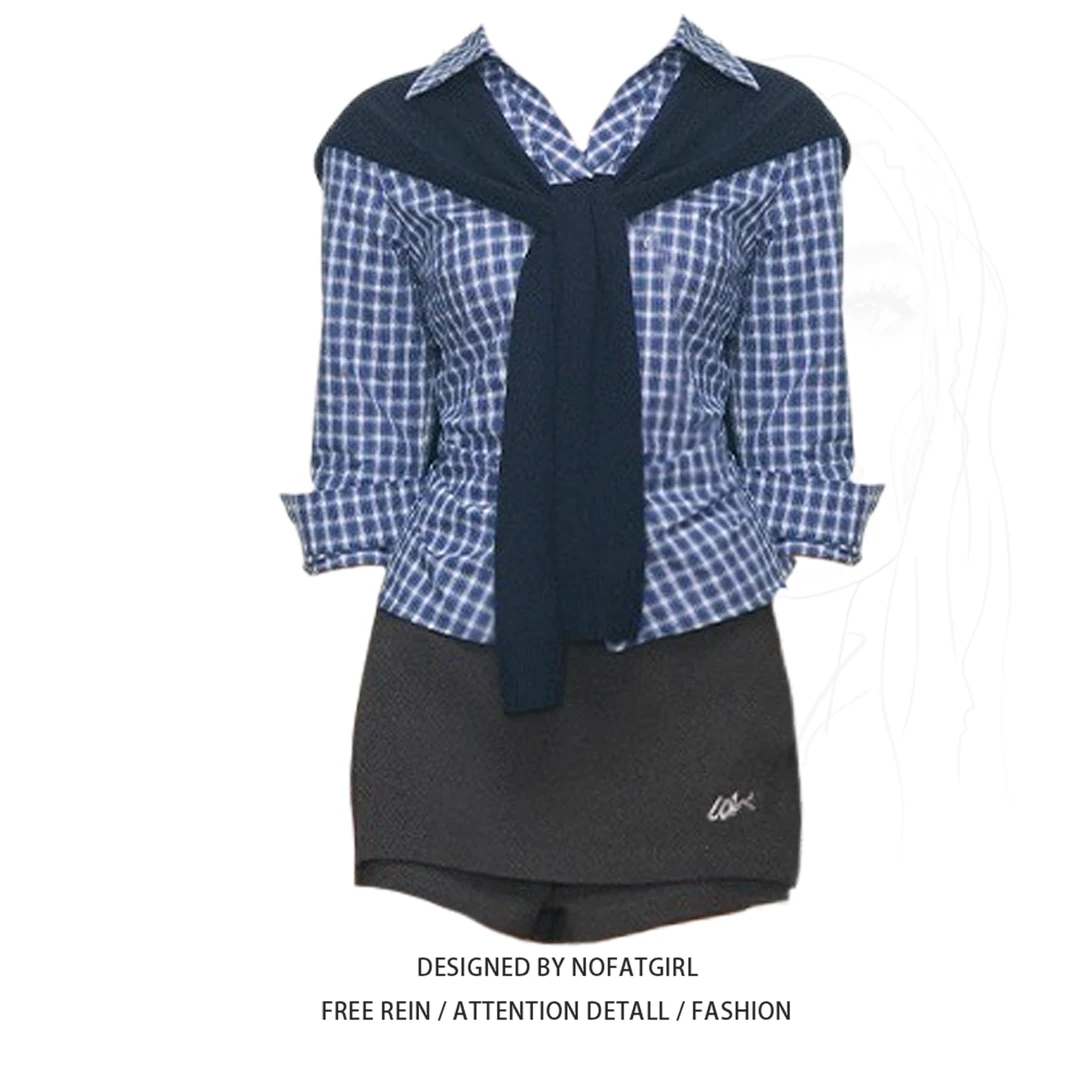 大码胖MM学院风套装女秋季新款格子衬衫上衣+高腰显瘦半身裙套装