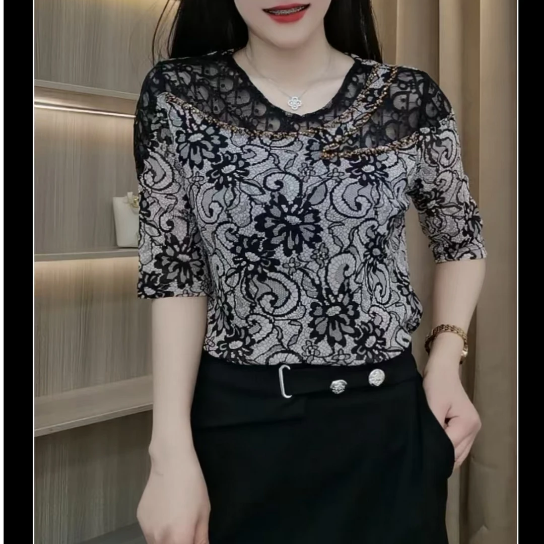 夏季半V领中袖气质时尚显瘦小衫蕾丝印花上衣女士洋气衣服女C