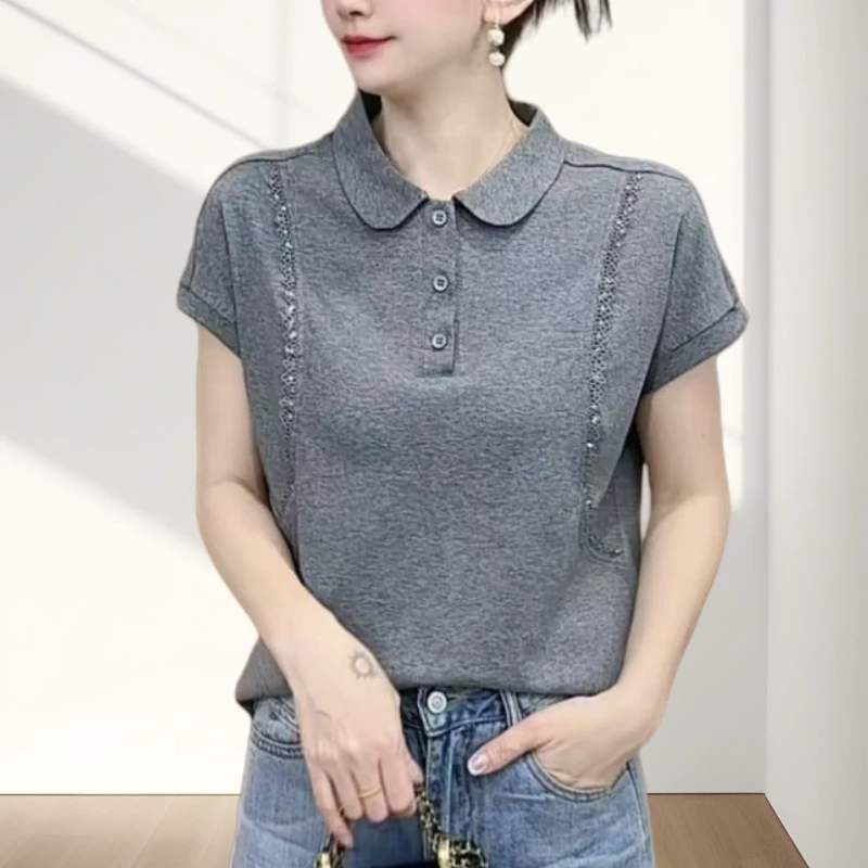 夏季新款时尚百搭蕾丝拼接T恤衫女日常通勤感纯色POLO领短袖上衣