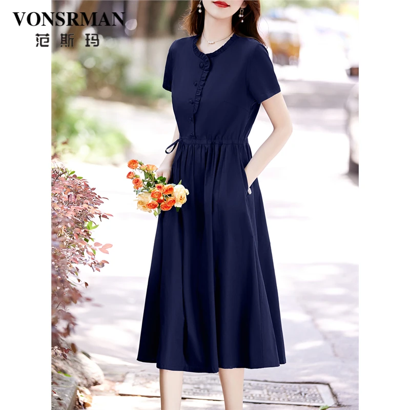 高端气质连衣裙女2025夏季新款时尚休闲百搭圆领松紧腰显瘦a字裙