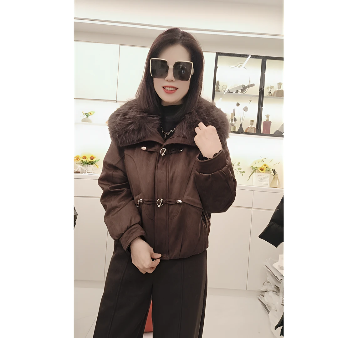 【琴缘】2025冬季新款短款长袖大毛领翻领女时尚外套石墨烯云绒外套