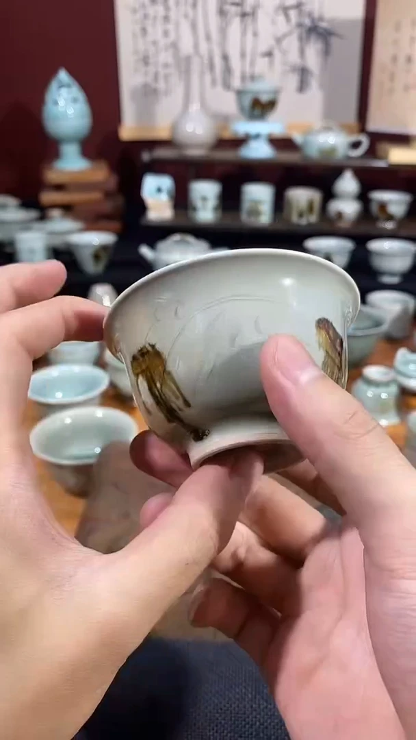 山隐青瓷柴烧点彩刻花半刀泥压手杯