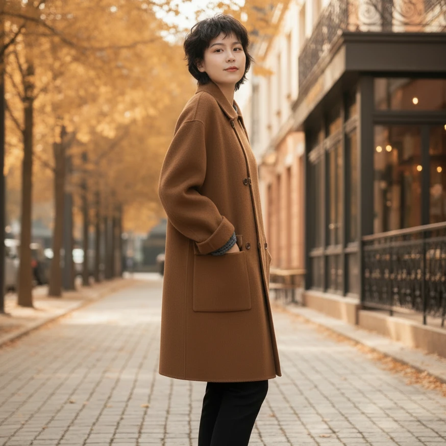 【茜罗轩】秋冬新款高端定制休闲时尚百搭娃娃领中长款双面羊毛大衣