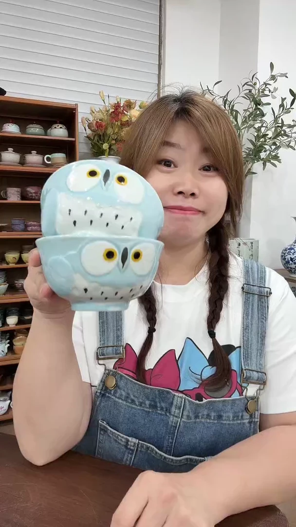 搪瓷猫头鹰蓝色米饭碗2只，，，，