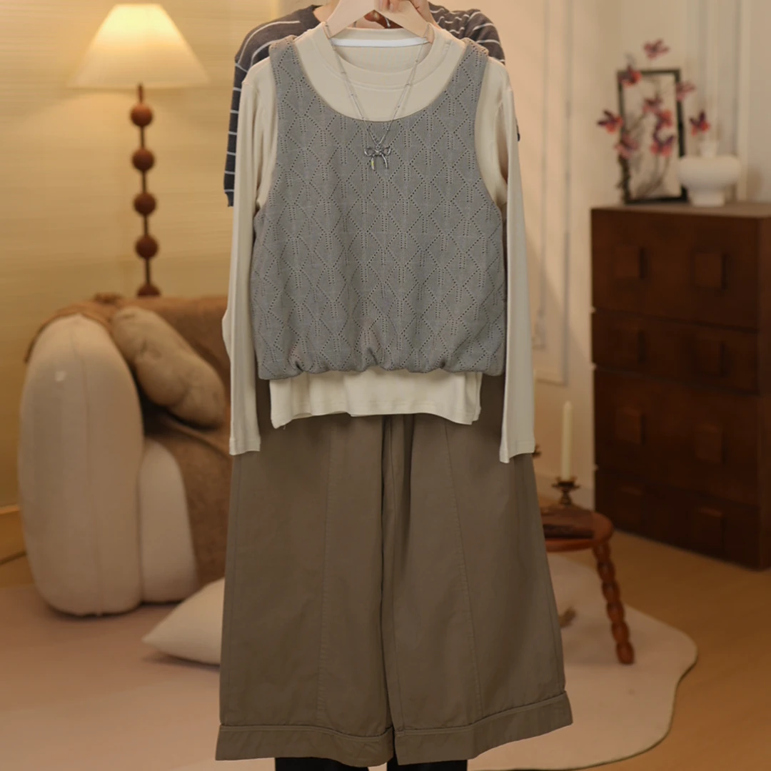 女大童秋装三件套洋气青少年初高中生针织马甲打底衫阔腿裤三件套